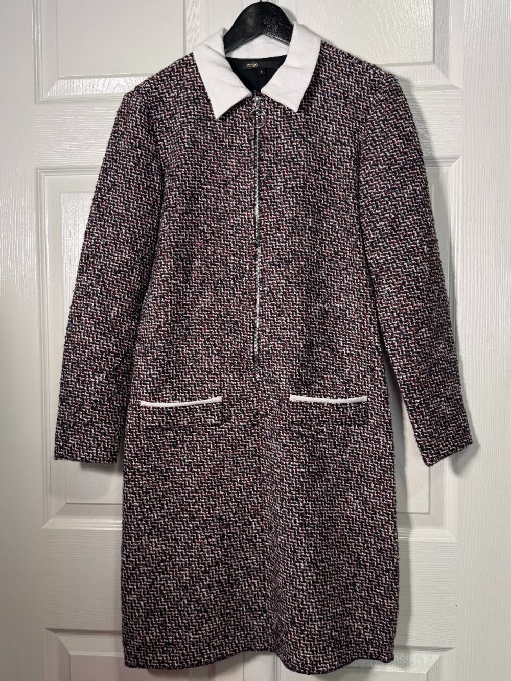 Maje Baguette Tweed Jacquard Front Zip Shift Mod Dress Size 3/US8